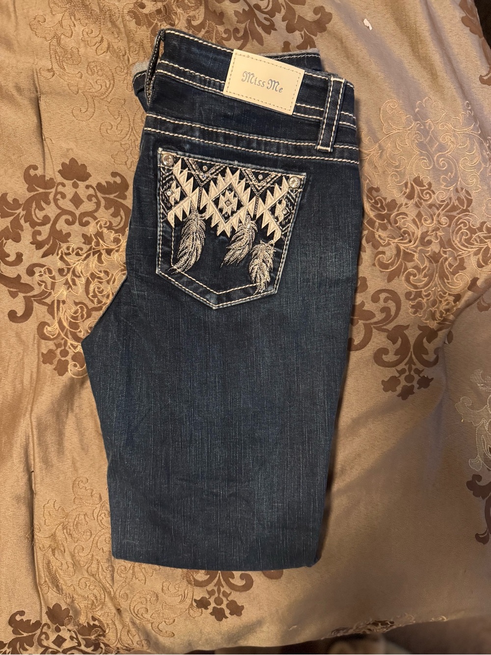 Miss Me Dark Blue Denim Jeans with White Embroidered Pocket - Picture 1 of 3